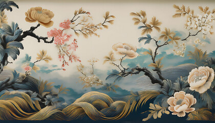  Embellishing and embossing chinoiserie fine art ink pink, gold, blue background wallpaper artwork 