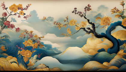 Embellishing and embossing Chinese, chinoiserie fine art ink gold, blue, white background wallpaper artwork 