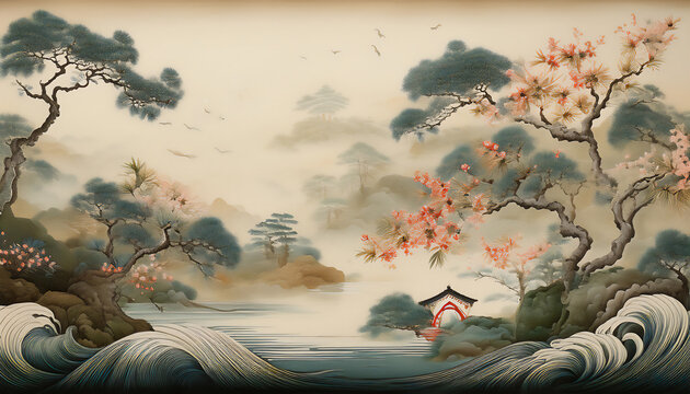 Embellishing and embossing Chinese, chinoiserie fine art ink red, blue, abstract background wallpaper artwork