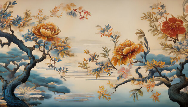 Embellishing and embossing Chinese, chinoiserie fine art ink gold, blue, white background wallpaper artwork 