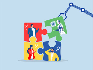 ai AI, Artificial Intelligence,robot new joiner to connect jigsaw puzzle,New joiner to fill in team and solve problem, teamwork to get solution, put right man in the right job to fit job