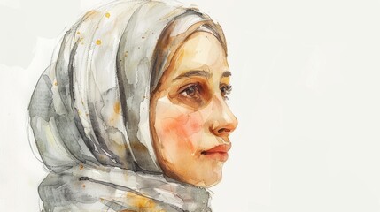 The artwork captures a woman in a hijab, highlighting her expressive features and cultural significance with gentle, respectful colors against a clean backdrop, copy space