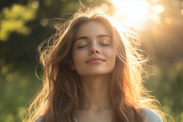 Naklejka premium Young woman with long hair enjoying sun with closed eyes getting natural vitamin D outdoors. Peace of mind. Mindfulness, mental health, spirituality, well-being, unwind yourself , ai