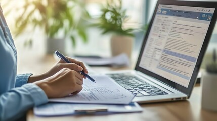 A person signing up for health coverage online, with a healthcare website on the screen.