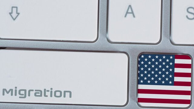 A computer, American flag and immigration button