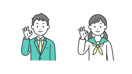 OKポーズをする男女の学生の上半身イラスト
