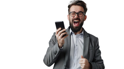Businessman, winner, phone holding and business success, isolated on white background