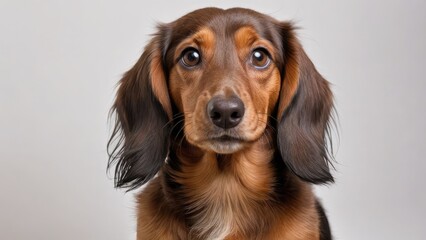 Portrait of Chocolate and tan long haired dachshund dog on grey background