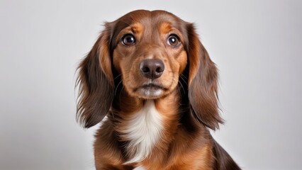 Portrait of Chocolate and tan long haired dachshund dog on grey background