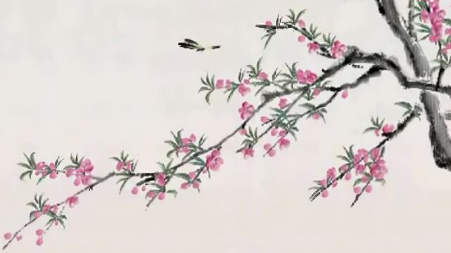 Daytime ancient traditional Chinese Japanese landscape ink Painting of beautiful calm trees, mountains, flowers, lake, water, birds, blue sky, boat, cherry blossoms season