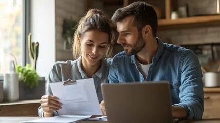 A young couple comparing health coverage plans at home, with documents and laptops.