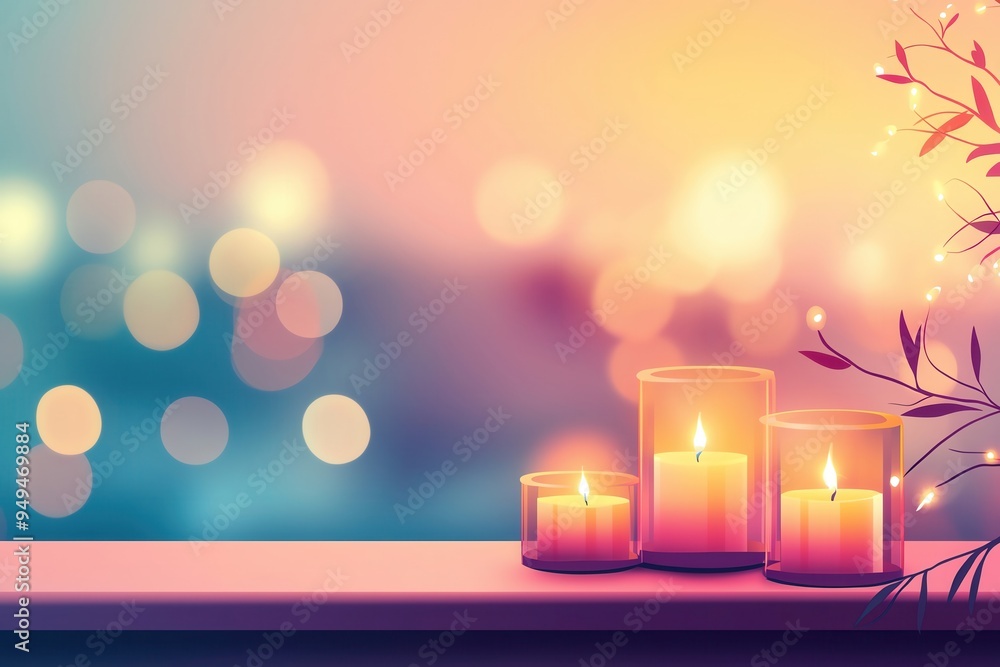 Poster a serene and colorful scene featuring glowing candles on a surface, perfect for creating a warm and 