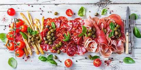 An Italian appetizer tray showcasing slices of cured meats, breadsticks, fresh tomatoes, capers, olives, basil, and a spicy red pepper sauce displayed on a white wooden surface.