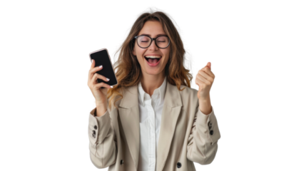 Business woman, winner, phone holding and business success, isolated on white background