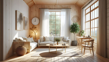 A modern Scandinavian style living room featuring a large white sofa adorned with multiple throw pillows, a light wood coffee table with decorative vases.