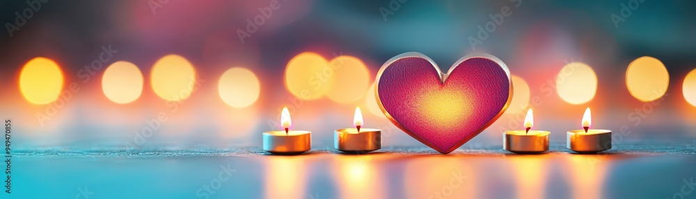 Poster a romantic scene featuring a heart shape with candles, creating a warm and inviting atmosphere for l
