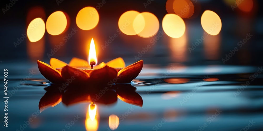 Poster a serene floating candle in a dark setting, creating a warm, tranquil ambiance with shimmering refle