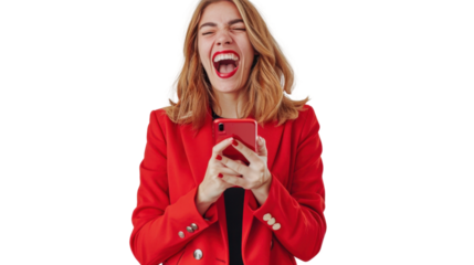 Business woman, winner, phone holding and business success, isolated on white background