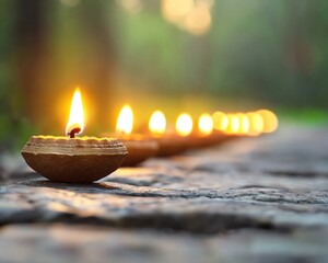 A serene pathway illuminated by traditional oil lamps casting a warm glow, creating a peaceful ambiance in nature.