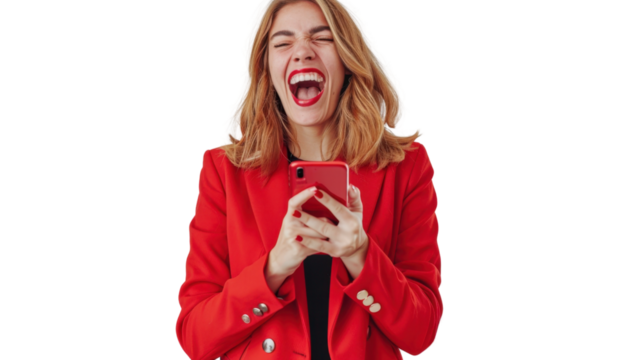 Business woman, winner, phone holding and business success, isolated on white background