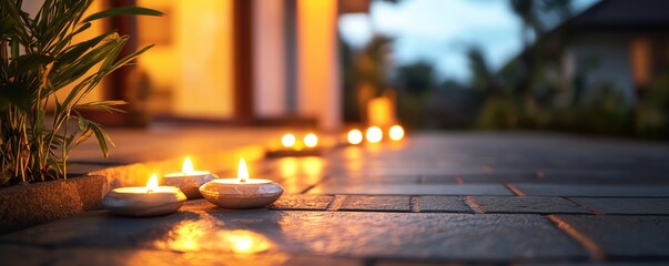 Diyas adorning the entrance of a home during a festival night, welcoming guests with light and positivity, Festivity, Diyas, Belief