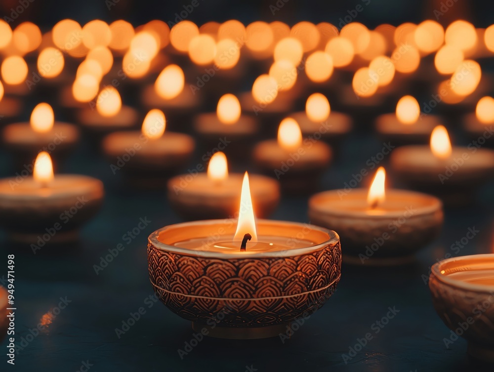 Poster enchanting array of glowing candles illuminating the darkness, creating a serene and peaceful ambian