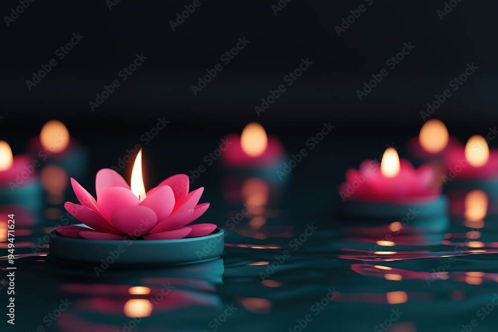 Poster serene pink lotus candles floating on tranquil water, creating a calming ambiance with soft reflecti