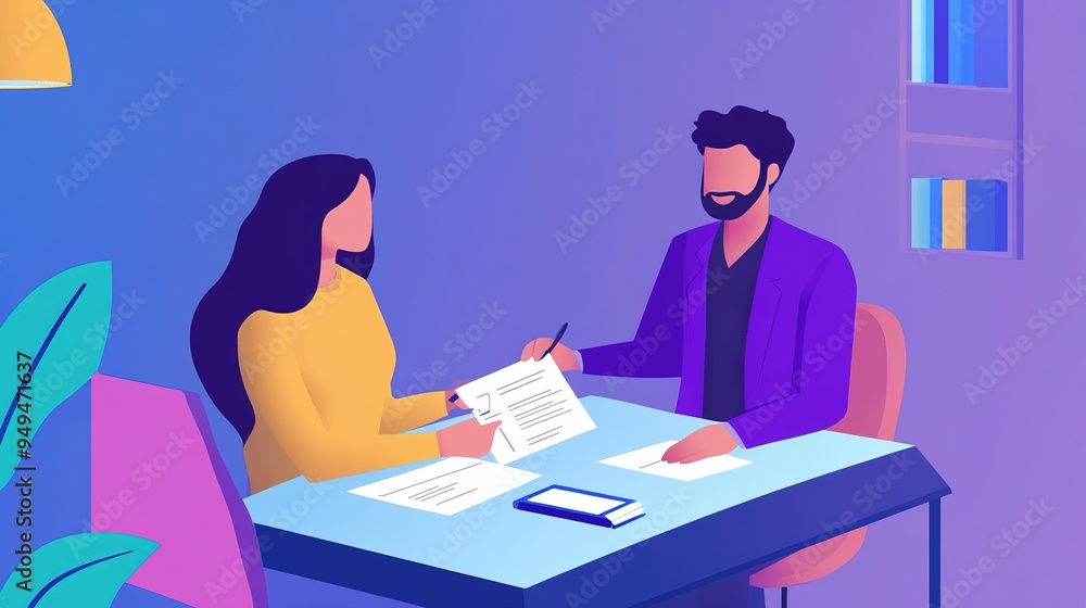 Poster an insurance agent assisting a client with filling out forms in a professional setting.