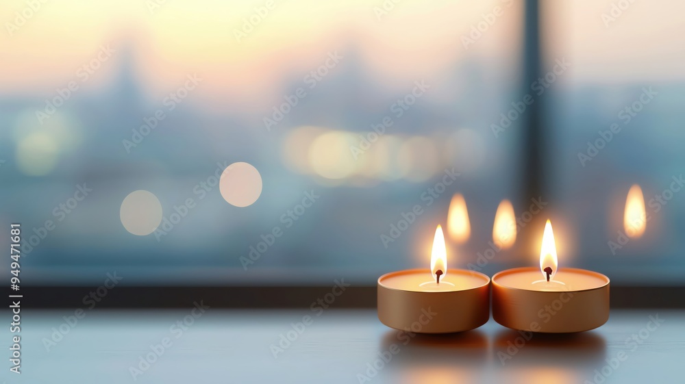 Poster two flickering candles casting a warm glow against a soft, blurred background, creating a serene and