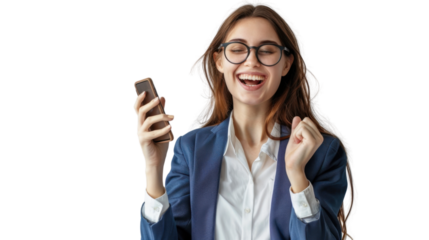 Business woman, winner, phone holding and business success, isolated on white background
