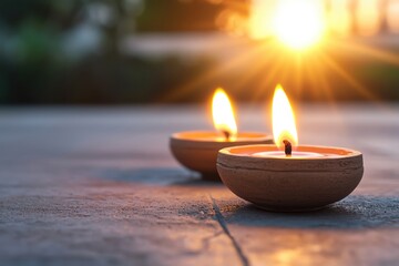 Two burning candles create a warm and serene ambiance, flickering gently in the soft evening light.