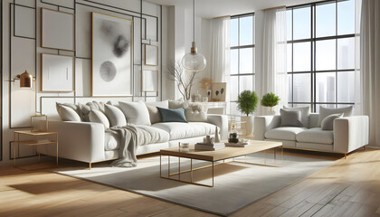 Fototapeta premium A modern Scandinavian style living room featuring a large white sofa adorned with multiple throw pillows, a light wood coffee table with decorative vases.