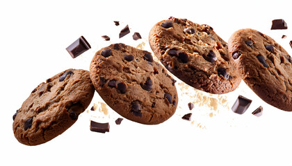 Fototapeta premium Appetizing chocolate chip cookies floating fresh tasty yummy delicious in mid-air with scattered crumbs white background 