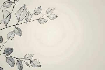 Blank Frame with Hand Dran Line Art of Branches of Eucalyptus, Tree, and Leaves. Minimalist Design on Gray Background. Copy Space for Text and Web Banner Design, Wedding, and Invitation Card