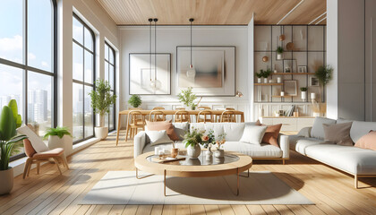Fototapeta premium A modern Scandinavian style living room featuring a large white sofa adorned with multiple throw pillows, a light wood coffee table with decorative vases.