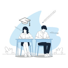 A minimalist illustration of two students in a classroom setting