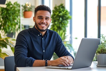 Happy professional business man company employee, young entrepreneur, smiling latin businessman working on laptop computer technology looking at camera working in office sitting at desk, portrait, ai