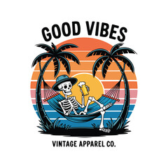 A vintage t-shirt design with a skeleton in a hammock between two palm trees