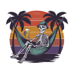 A vintage t-shirt design with a skeleton in a hammock between two palm trees