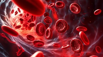 Abstract illustration of red blood cells flowing through a vein.