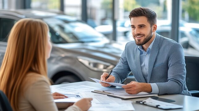 An insurance agent explaining auto insurance coverage to a client in a professional setting.