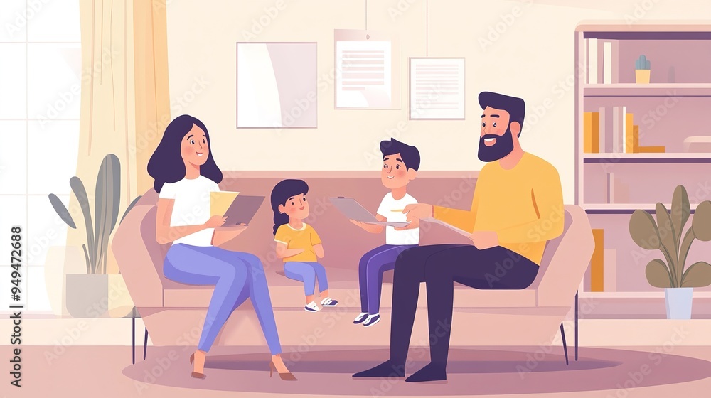 Poster an insurance agent explaining different coverage levels to a family in a cozy setting.