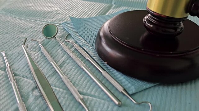 Dental insurance white tooth and judge gavel. Mistakes of dentists responsibility and punishment