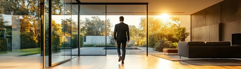 Fototapeta premium Modern Man Walking Towards a Sunny Backyard Through Large Glass Doors