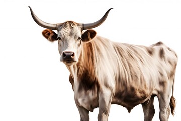A majestic cow with a glossy coat and large horns standing on a white background, AI Generated