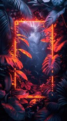 Fototapeta premium rectangle frame tropical leave made of neon light