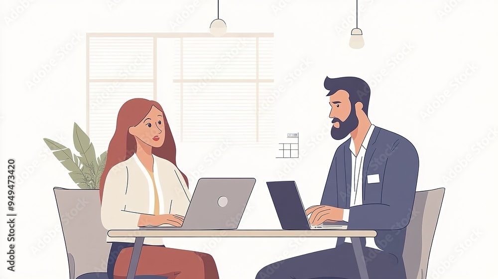 Poster an insurance agent explaining policy details to a client with a laptop open on the table.