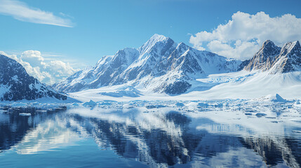 Obraz premium Majestic, alpine glacier, pristine white ice, serene, high quality, photorealistic, rugged mountain landscape, breathtaking::1.3 crevasses, reflective ice, jagged peaks, clear blue skies 