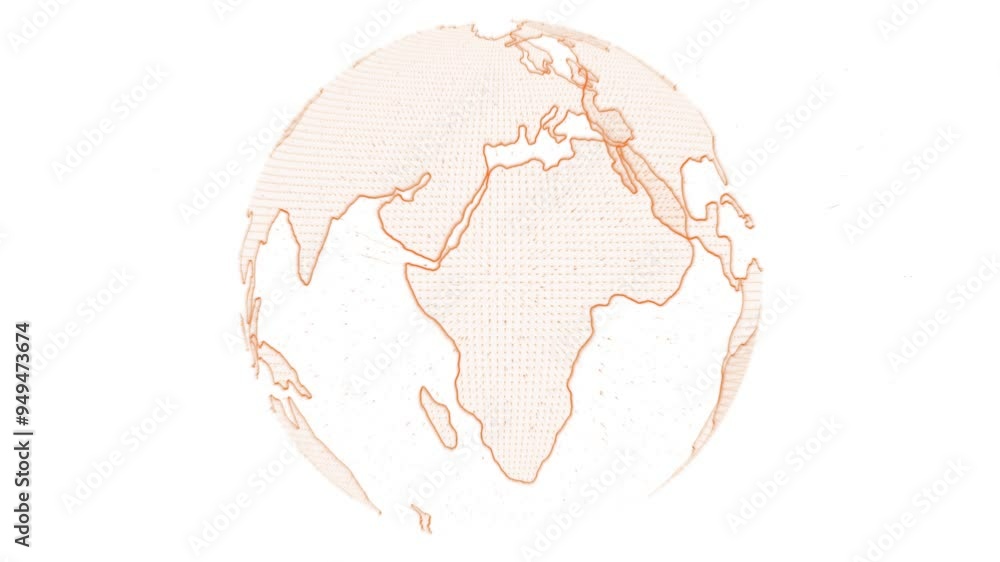 Poster a digital representation of the earth globe made of lines and dots in orange color on a white backgr