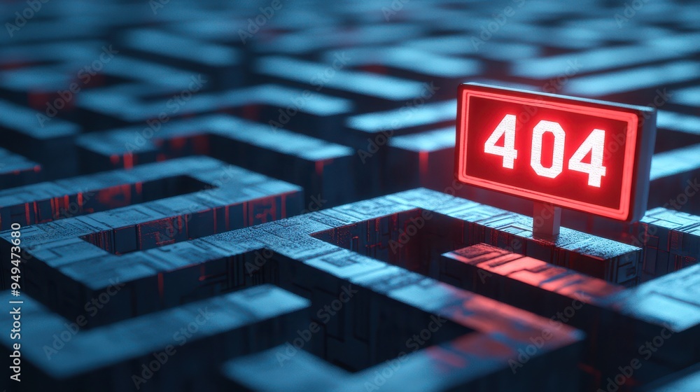 Poster A glowing red 404 error sign in a dark blue digital maze, symbolizing internet connectivity issues or webpage not found.
